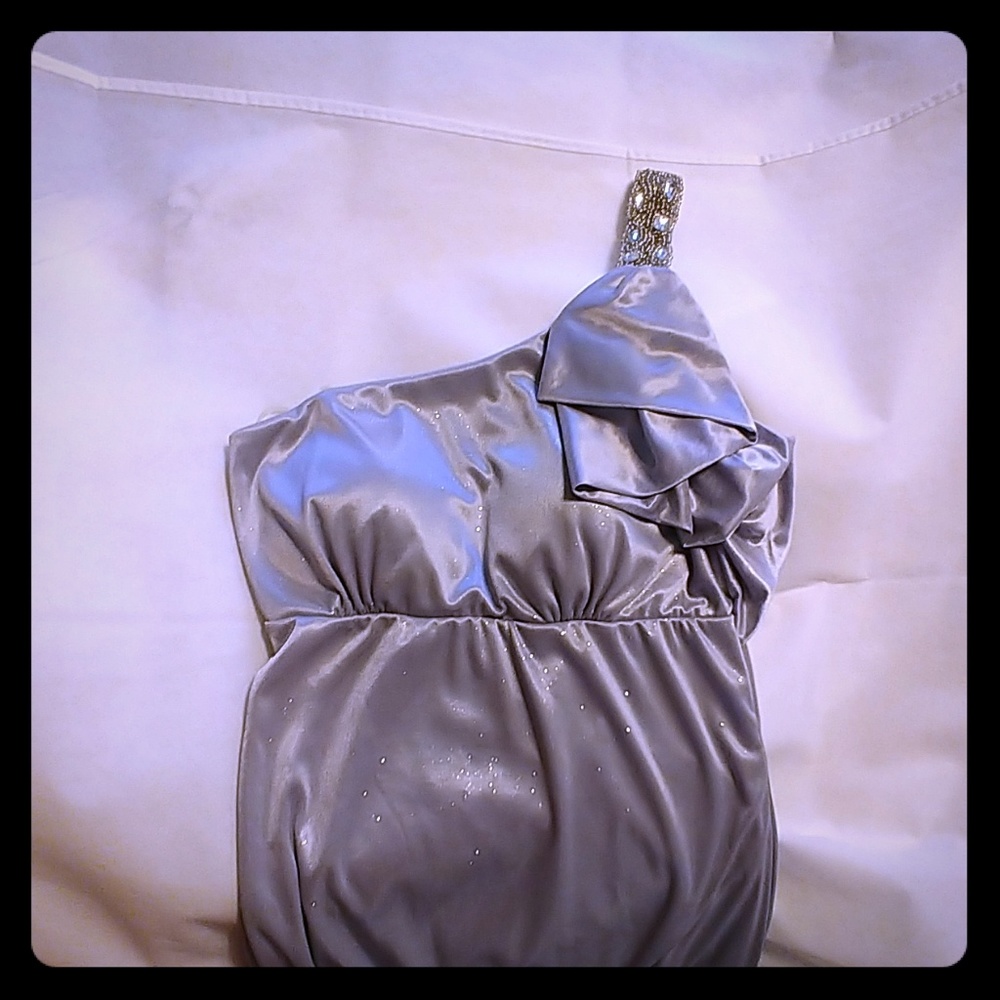 Silver one shoulder prom/special event gown.